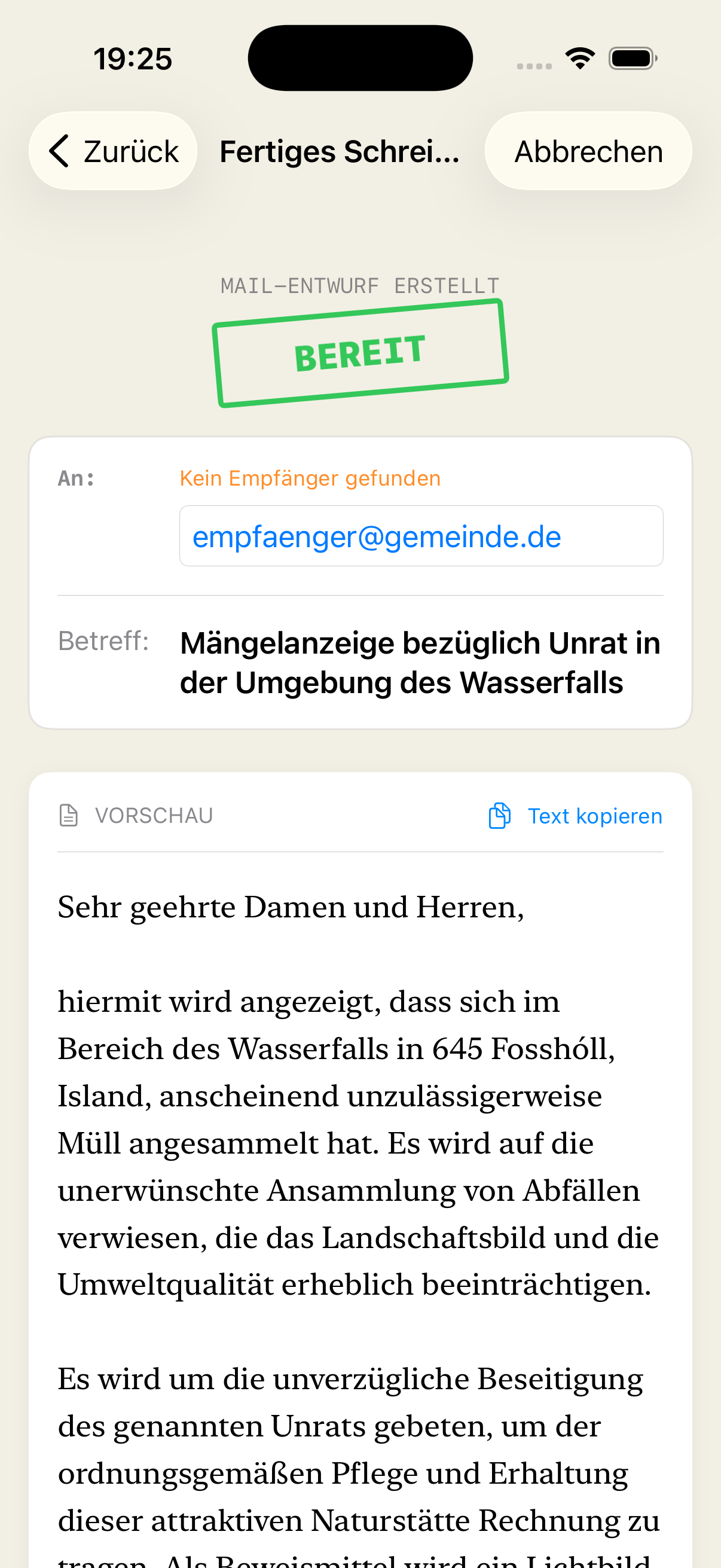 Generierte Behörden-E-Mail