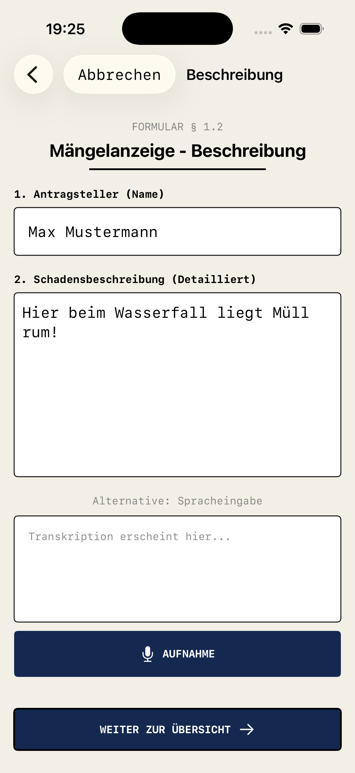 Mängel Eingabe Formular